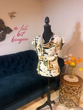 New York & Company Ivory, Olive and Blue Floral Cowl Neck Blouse